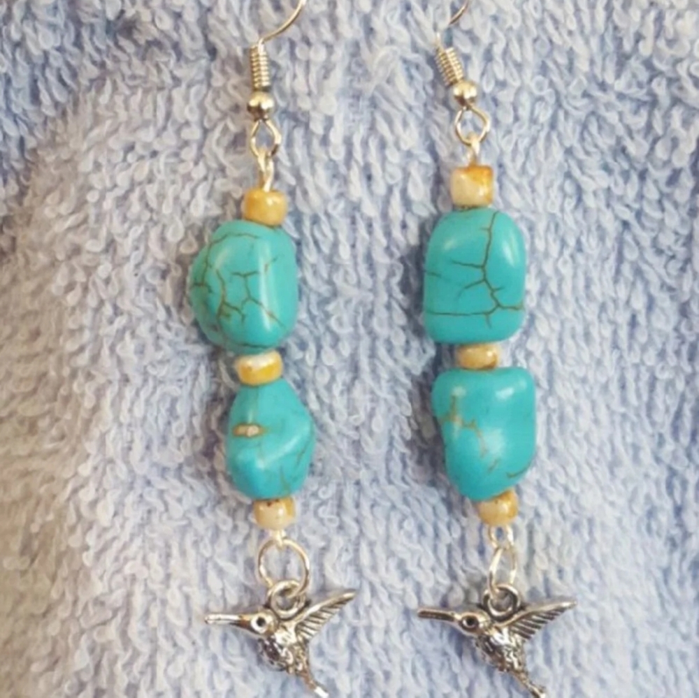 Blue Turquoise earrings with humming bird